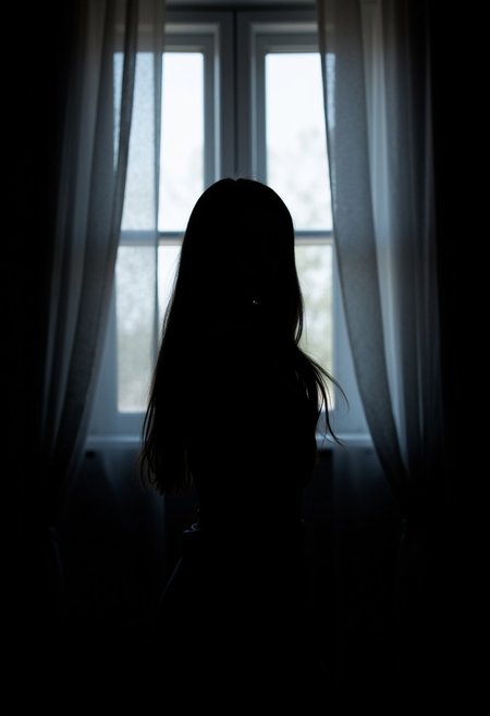 A silhouette of a girl with long hair standing by a window, backlit by dramatic lighting. The curtains and dark theme create a mysterious and somber mood.