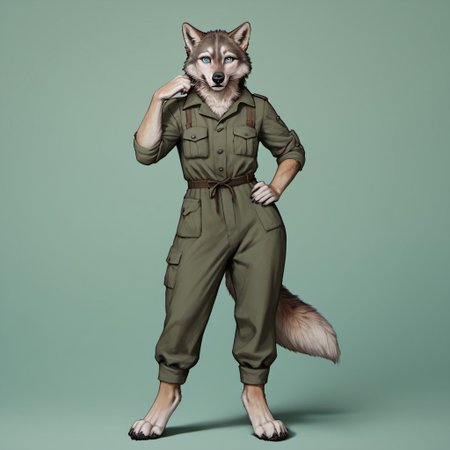score_9, score_8_up, score_7_up, source_furry, detailed face, detailed eyes, incredible detail BREAK 1girl, solo, anthro, wide shot (furry female, wolf, light brown fur, monotone fur, light blue eyes,slightly wide hips, small breasts), black nose, whiskers, ear flop, solo, looking at viewer, simple background, green background, full body, hunter outfit, archer outfit, shy pose