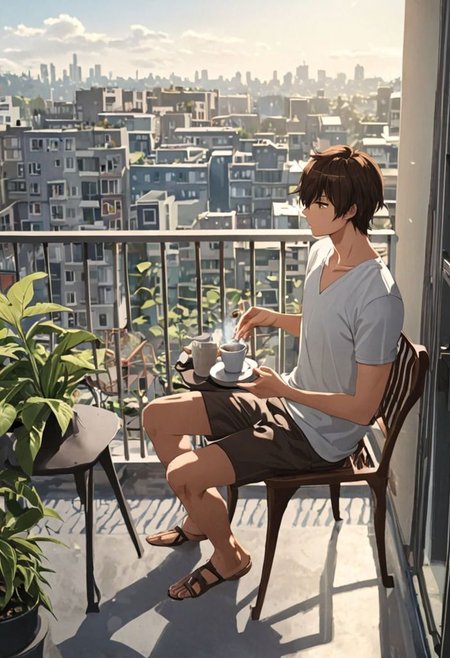 Highres, Masterpiece, High Quality, 4K, 8K, solo, 1Boy, Seiya Kanie, short dark brown hair, golden eyes, home balcony, city view, small table, balcony chair, houseplants, fresh air, morning, breeze, soft sunlight, calm, peaceful, holding a cigarette, cup of coffee, v-neck t-shirt, shorts, relaxing, enjoying moment, ashtray, coffee cup, easynegative, detailed_eye_model