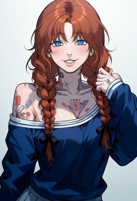 score_9, score_8_up, score_7_up, uncensored, Expressiveh BREAK 1girl, solo, killerpetermatthew, long hair, brown hair, twin braids, blue eyes, tattoo, full tattoo, neck tattoo, blue sweater, off shoulder, pleated skirt, black hair ribbon, medium breasts, hourglass figure, curvy, wide hips, seductive smile, parted lips, looking at viewer, close-up, facing viewer, blushing, simple background, posing for viewer, dynamic pose, <lora:KillerPeterMatthew:0.9> <lora:add-detail-xl:0.9> <lora:cfg_scale_boost:0.8> <lora:Expressive_H:0.9> <lora:DetailerIL:1> <lora:HandFixer_pdxl_Incrs_v1:0.6>