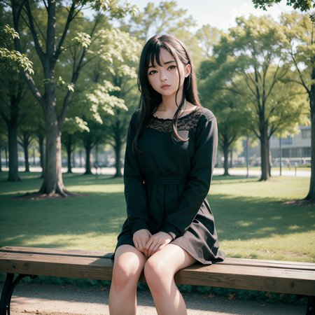 masterpiece, absurdres, high quality, realistic,
1girl, dress, sitting,
outdoors, park, bench, sunlight