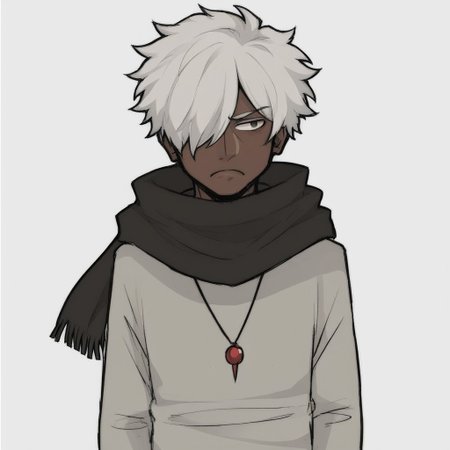 solo, simple background, 1boy, white background, jewelry, white hair, male focus, dark skin, necklace, bag, scarf, hair over one eye, dark-skinned male, frown,
,
easynegative
,
 niko_style
