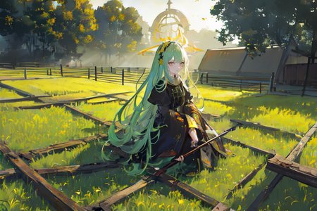 (otherworldly), highly insanely detailed, masterpiece, top quality, best quality, highres, 4k, 8k, RAW photo, (very aesthetic, beautiful and aesthetic), farm, fields, barn, fence, fantfa, <lora:FantasyFarm-10:0.7>, 
1girl, 
(jade hair ), 
(pure yellow background,transparent background),âââ