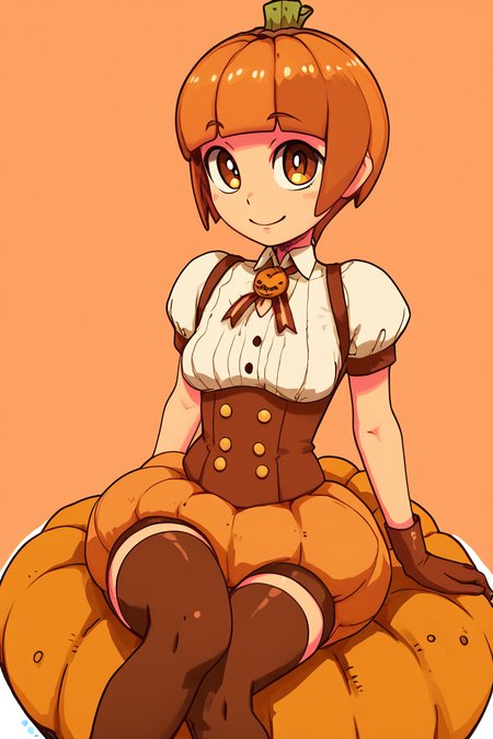 score_9, score_8_up, score_8, medium breasts, (curvy), cute, eyelashes,       BREAK, , ,,, zzPmpknGrl, brown eyes, short hair, brown hair, blunt bangs,  gloves, thighhighs, short sleeves, jack-o'-lantern, pumpkin, shirt, sitting, white shirt, <lora:PumpkinGirl_Masashi_PDXL:0.8>,   ,,, , BREAK, wide hips, smile, looking at viewer, cowboy shot, ,,, embedding:zPDXL, Expressiveh, ,,, <lora:SweetCAT_PDXL:1.0>, <lora:SDXLFaeTastic2400:0.5>, <lora:Expressive_H-000001:0.4>,