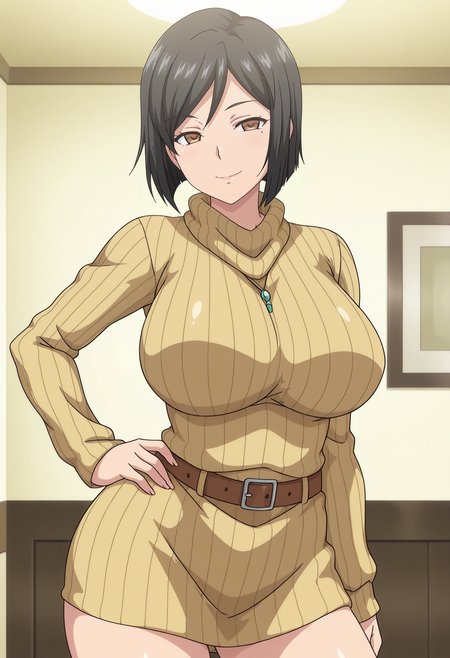 1girl,solo,mm,mature female,short hair,black hair,brown eyes,mole under eye,large breasts,anime coloring,
sweater,ribbed sweater,belt,sweater dress,turtleneck,contrapposto, hand on own hip, looking at viewer, smile,indoors
,masterpiece,best quality,amazing quality,<lora:Ruiko_Okabe-Kyonyuu_Kazoku_Saimin_IL:0.8>