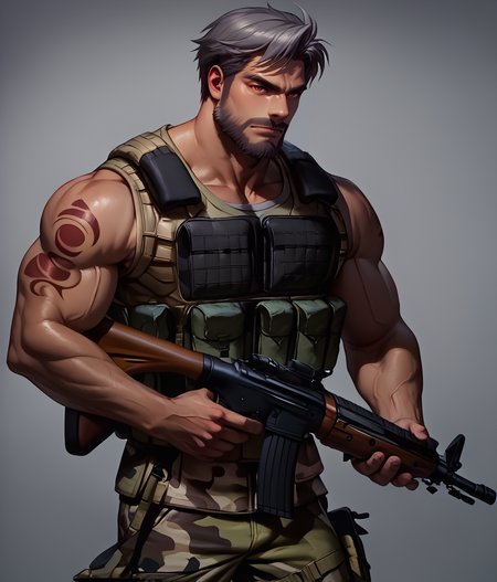 score_9, score_8_up, realistic, rating_questionable, bif, facial hair, beard, 
<lora:clothes_military-combat-uniform-ponyxl-lora-nochekaiser:.7> military combat uniform, camouflage jacket, camouflage, load bearing best, camouflage pants, soldier, bulletproof vest, combat helmet, assault rifle, rifle,
<lora:face_Adray_Lasbard:1>, AdrayLasbard, mature male, grey hair, short hair, red eyes, facial hair, mustache, muscular, arm tattoos, 
glossy skin, 1 muscular male, handsome, short hair, detailed background, bara,, mature,
<lora:egg_leonard-04:.4><lora:style_Concept Art DarkSide Style LoRA_Pony XL v6:1><lora:slider_skin tone slider_last:-1>,<lora:slider_Body Type_alpha1.0_rank4_noxattn_last:1>