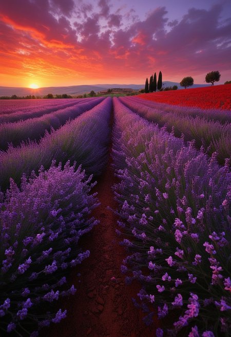 Fantasy. Art. Flower field. Tuscany. Red earth. Rows of flowers. Purple lavender. Summer. Red sunset, vibrant color. view from below. simple background.
perfection style, midjourneyv6.1, outdoors, nature, petals,