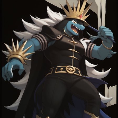 <lora:pokemon_pony_xl:1.0>, character, fake pokemon, ken sugimori art style, resembles a larger creature resembling an anthropomorphic whale dressed as an intimidating pirate captain, with gold crown-like details and an open mouth displaying sharp teeth., score_9, score_8_up, (Masterpiece:1.3) (best quality:1.2) (high quality:1.1)