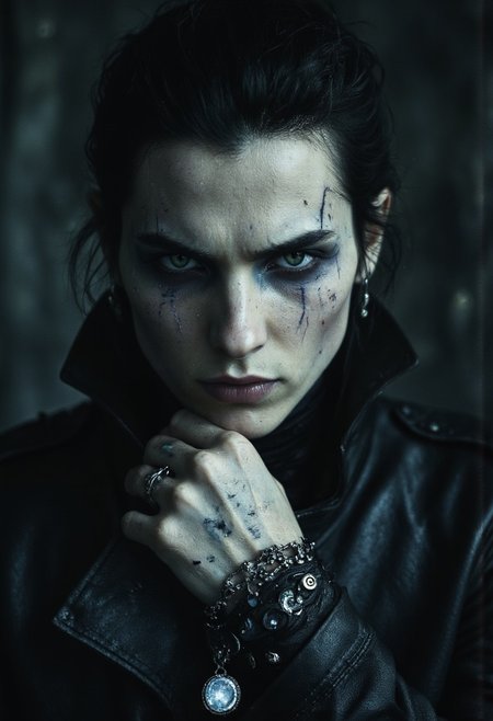 A modern vampire, a perfect blend of ancient darkness and contemporary menace. His face is sharp, with high cheekbones and a jawline chiseled from frost-kissed alabaster, his skin a smooth, almost porcelain hue, faintly glowing in the dim light. Dark veins pulse beneath his skin, shifting from violet to deep crimson, like an electric current running just beneath the surface. His eyes are deep pools of midnight-black, faintly lit with an otherworldly glow — the remnants of an ancient curse, now a quiet, dangerous power. In their depths, flickers of long-lost runes dance like dying stars, secrets too ancient to be fully understood.
His hair is dark as raven feathers, slicked back with modern precision, though streaks of silver hint at something older, something immortal. He wears a tailored black leather jacket, sleek and sharp, adorned with faint symbols of ancient bloodlines and forgotten wars. Around his neck, a chain of blackened silver holds a pendant — a shard of an antique mirror, now shaped into a sleek, modern amulet that catches the light in strange ways.
In his hand, he wields a sleek, obsidian-bladed sword, its edge reflecting light like liquid shadow, humming with the power of centuries.