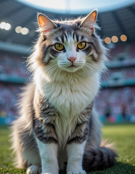 photograph of a medium length hair white and grey cat at stadium wearing a vandal costume, yellow eyes, 
nijcat  <lora:nijcat:1>