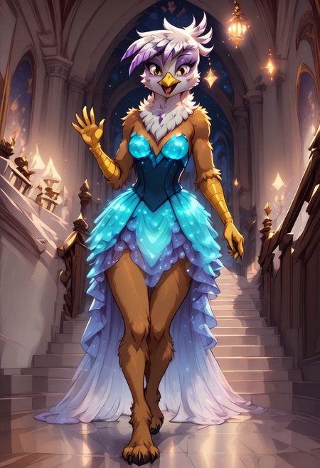 score_9, score_8_up, score_7_up, anthro,
(((Gilda))), Griffon,
facing viewer, front view, female focus, view from chesthight,
g5, pony, female, mare, tail, dock, solo, 1girl, highly detailed, beautiful, detailed eyes, detailed fur, beautiful eyes, (tall), ((perfect body proportions), (beautiful long legs),
small breasts, show accurate skin colour,
long hair, fluffy hair, biggest hair,
(((walking ((down)) a grand staircase))), (((waving to viewer))), ((happy, excited, smiling at viewer invitingly)),
(((wearing a beautiful eyecoloured bioluminescent shoulderfree ballgown))), glowing ballgown,
BREAK,
highly detailed background, (((nighttime))), night
inside Canterlot castle, ballroom, ((grand staircase)), mirror marble floor, (((dimmed lights in the room))),