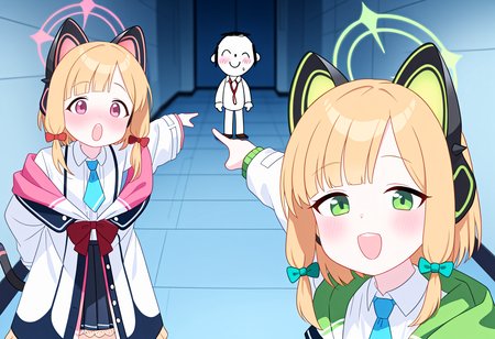 (masterpiece, high quality, amazing detail), highres, two_soyjaks_pointing_(meme), looking at viewer, blush, open mouth, 2girls, 1boy, standing, blue archive, 
BREAK
momoi \(blue archive\), pointing,
BREAK
sensei \(blue archive\), smile, 
BREAK
 midori (blue archive), pointing, :D, 
<lora:two_soyjaks_pointing_meme:1>