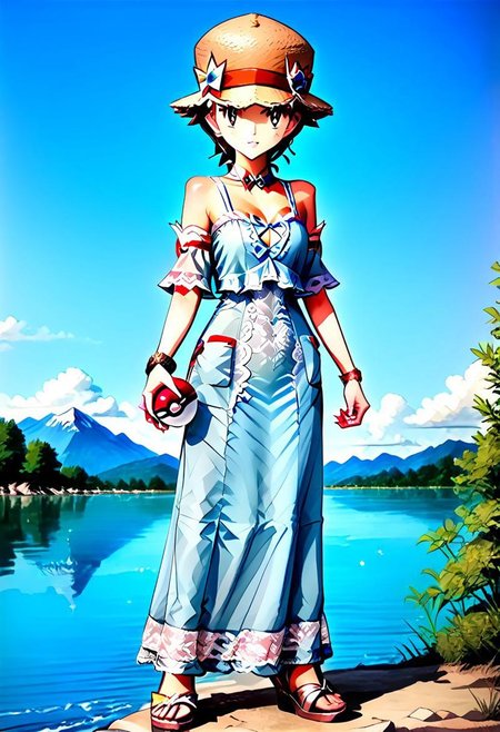 { full body, forest background, standing, FemRed:2.0, 1woman, solo, full body render, detailed facial features, full-length dress, long dress, lace, bare shoulders, detached sleeves, flowing ankle-length dress, flwdrss, wide-brim straw hat, hat with a bow, wide-brim sun hat, straw hat, hat ribbon, holding a pokeball, standing by a lake, in shade:1.5, }
lakeside, mountains in the distance, lake, sunny day, light cloud cover, detailed environment, detailed background, 
pks, pokemon, 4kFacePonyXL,
