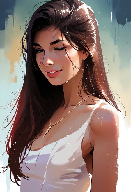 score_9, score_8_up, score_7_up, score_6_up, source_cartoon, 1girl, female, solo, femenine, petite, lean, pale skin,, soaking wet hair, smile, diaphonous white dress, bronze necklace, medium breasts, female focus, official style, close up, perfect anatomy, perfect face, standing,  abstract beauty, beautiful, centered, looking at the camera, approaching perfection, dynamic, moonlight, highly detailed, watercolor painting, artstation, concept art, smooth, sharp focus, illustration, portrait