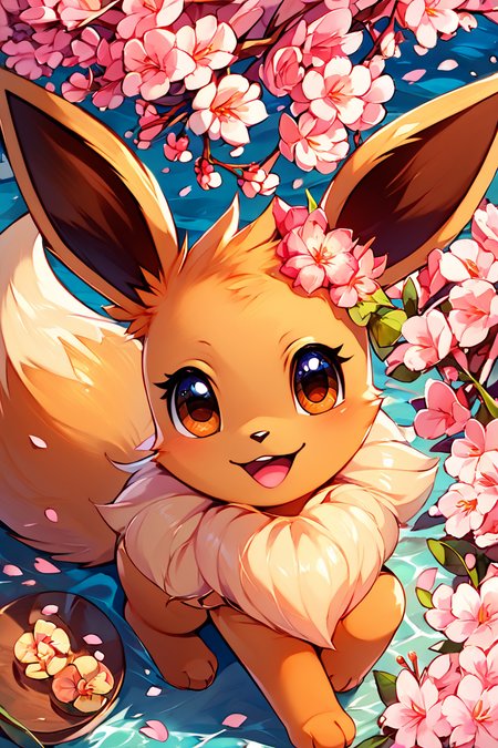 score_9, score_8_up, score_8,  ,,,  zzEV, looking at viewer, smile, open mouth, brown eyes, flower, :d, outdoors, day, petals, from above, looking up, cherry blossoms, pink flower,  <lora:EeveePokedexPDXL:1.0>,   ,,, embedding:zPDXL, Expressiveh, <lora:CatalystStylePDXL:0.6>,  <lora:SDXLFaeTastic2400:0.5>,  <lora:Expressive_H-000001:0.4>,