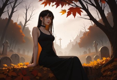 safe_pos, 1girl, very long hair, dark hair, bangs, pale skin,

black tank top, black skirt, choker, medium breasts, 

outside, overgrowth, graveyard, rim light, fall, leaves, dead trees, 

cinematic shot, portrait, medium shot, sitting, 




score_9, Score_8_up, 