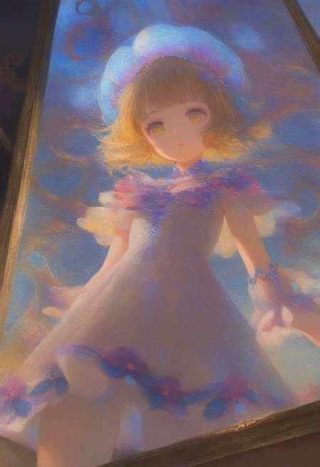 1girl, solo, oil painting, dark fantasy, dreamlike portrait of a child in a magical wonderland of oversized flora, from below, , turquoise reflections, prismatic lips, gold eyes, incredibly absurdres, highres, masterpiece, newest
