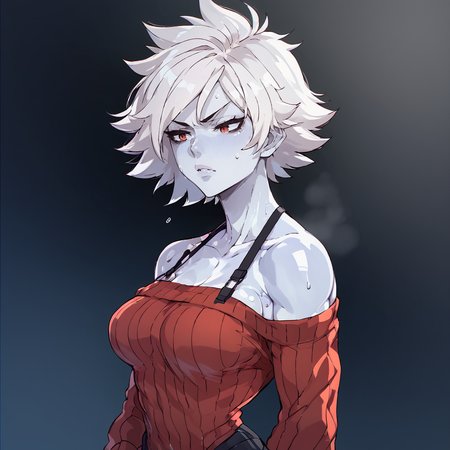white skins, spiky red short tomboy hair, neutral expression, tight sweater, <lora:NAHIRI:1> nahiri, 1girl, solo, short hair, breasts, bare shoulders, white hair, colored skin, side boob, sweaty, underbob  <lora:Amplected_3d_anime_art_style:1>, source_anime, score_9_up,  score_7_up, score_8_up