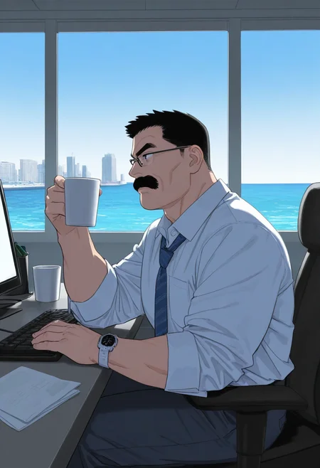 1boy, sitting, from side, serious, 
BREAK
<lora:Police_commissioner_from_Hairy_Oracle_by_Gengoroh_Tagame_v0.1:1>
keijisan, mature male, thick eyebrows, thick mustache, black eyes, black hair, short hair,
BREAK
glasses, thick arms, large pectorals, watch, cup, 
BREAK
indoors, office, monitor, computer keyboard, office chair, window, skyscraper, ocean, blue sky, 
BREAK
best quality, masterpiece, very aesthetic, absurdres, highest detailed,