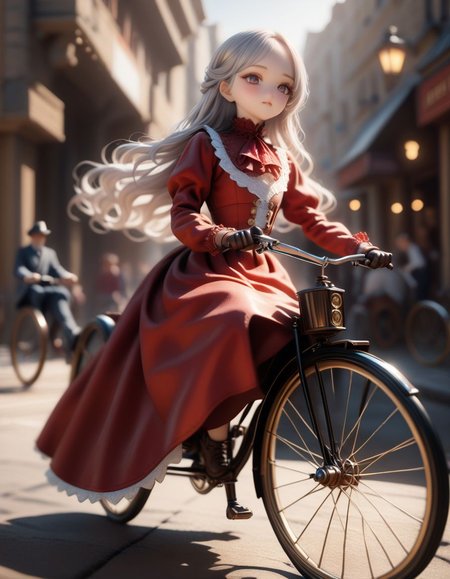 realistic detailed dolla doll face,
detailed hair, smooth hair, 1girl,  silver hair, red classic long dress, jabot,
riding on retro bike, Penny-farthing, extra  large front wheel  ,
masterpiece, best quality,
sharp focus, depth of field, ray tracing, 8k, extremely detailed, absurdres,
<lora:dolly-merge-xl_v1:1.2>