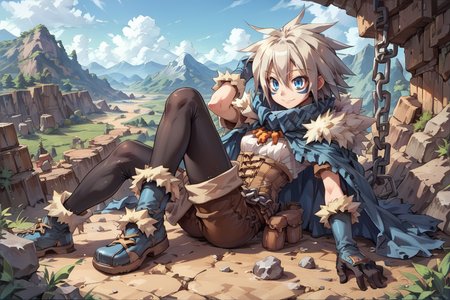 (score_9, score_8_up, score_7_up, score_6_up), source anime, BREAK, solo, <lora:Milanor:0.7> , miladef, 1boy, grey hair, spiked hair, blue eyes, blue facial mark, fur trim, blue cloak, gloves, white corset, chain belt, brown shorts, leggings under shorts, black leggings, blue footwear, exterior, outdoors, canyon, mountains, cliffs, valleys, wasteland, resting, on back,  seductive, smile, closed mouth, <lora:cr33pp41ntXLP:0.3> , cr33pp41nt, hands on own head, <lora:zy_Detailed_Backgrounds_v1:0.5> , detailed background, highly detailed,   <lora:backgroundsetXL:0.4> , background,