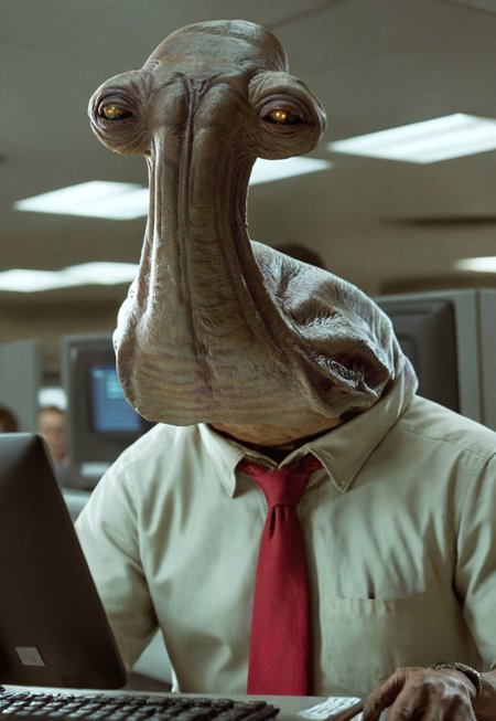Cinematic Hollywood Film Style, High definition photograph, HDR, RAW photo, 8k resolution, Photorealistic, ultrarealistic,  ithorian hammerhead alien as an ordinary office worker, sitting in his cubicle typing on a computer, dull, ordinary, boring, wearing a tie