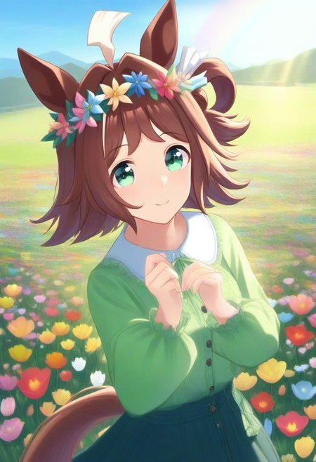 (umamusume, rhein_kraft_(umamusume), horse_ears, horse_girl, tail, 1girl, ahoge, animal_ears,)
casual, field, flower, flower_field, green_eyes, hair_between_eyes, hair_ornament, 
head_wreath, looking_at_viewer,  solo, aesthetic, absurdres, symmetric ,spiralling vortex made of multicoloured tulips, lush foliage sunrise,  ripples, reflective, jaynl-tm, rainbow, , g0ldsw0rthy,
(realistic, photo,  artistic, medium_hair, one_eye_closed, petals, relaxing, smile,  : 0.7)