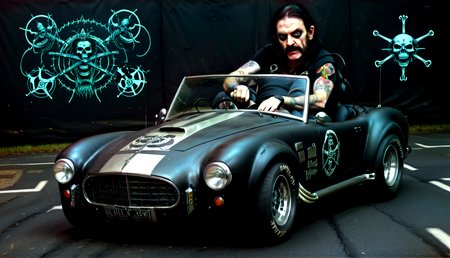 Occult satanic artwork lemmy from motörhead driving a sh3lby car, at hell, badass, daemons chasing him, black,,. Pentagrams, demonic figures, inverted crosses, dark ritualistic horror