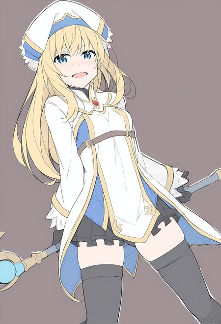 <lora:masabodo_xl:1>, masabodo, 1girl, priestess \(goblin slayer!\), goblin slayer!, 1girl, :d, black_thighhighs, blue_eyes, cleric, hat, holding, holding_weapon, long_hair, legs apart, looking_at_viewer, open_mouth, simple_background, standing, smile, solo, small breasts, staff, thighhighs, weapon, masterpiece, best quality, very aesthetic, absurdres