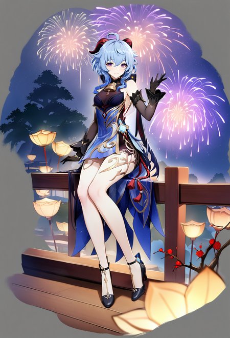 grey background, masterpiece, best quality, <lora:GachamiHoYoXL_ANI31_lokr_V42310:0.95> 1girl, ganyu \(genshin impact\), solo, dress, blue hair, horns, gloves, official alternate costume, bare shoulders, detached sleeves, blue dress, black gloves, purple eyes, ahoge, sitting, looking at viewer, high heels, sleeveless dress, black footwear, black dress, sleeveless, gradient dress, breasts, fireworks, full body, hand up, long hair, bare legs, night, night sky, sky, thighs, smile, vision \(genshin impact\), long sleeves, moon, goat horns, tree, medium breasts, arm support