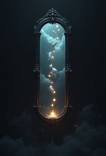 This high-resolution CGI illustration, rendered in a realistic, hyper-realistic style, presents a surreal mirror suspended in darkness. From the surface of the mirror, small, ghostly figures appear to be climbing out, as though it’s a portal to another realm. Each figure glows faintly, and they seem to carry tiny lanterns, illuminating their path as they emerge. The mirror’s frame is engraved with mysterious runes, hinting at a powerful enchantment or ancient magic.