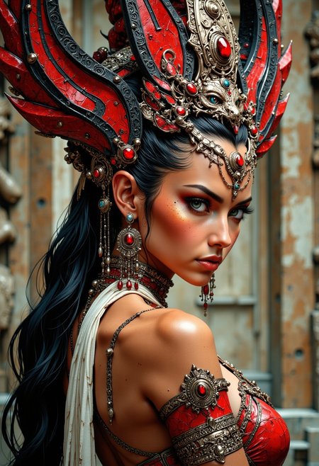 A tightly framed, highly detailed fantasy portrait of a radiant woman exuding divine authority and regal elegance. Her skin glows with soft, golden highlights, and she gazes slightly over her shoulder with a serene, commanding expression. She wears an elaborate, oversized headdress—a towering spiral crown of alternating red and white lacquered bands, adorned with black metal inlays and a halo of crimson teardrop gemstones, each encased in polished obsidian and suspended by delicate silver chains. Intricate etched patterns shimmer faintly across the crown’s surface. Her earrings cascade in layered strands of platinum and pearl, while her shoulders are wrapped in ivory silk cords pinned with sculpted silver serpents biting into blood-red crystal brooches. The exposed upper back of her gown is stitched from fine linen interwoven with luminous threads, subtly embroidered with sacred glyphs and celestial star charts. The background is softly blurred, revealing carved stone reliefs of ancient gods, faded but immense, watching in silence. The mood is divine, regal, and mythic—combining futuristic aesthetics with lost imperial majesty. Emphasis on ceremonial power, texture contrast, and overwhelming visual richness.