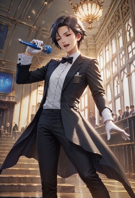 score_9,score_8_up,score_7_up,score_6_up,source_anime, <lora:Worldly_XL:1> (interior, skylight, rooflight:1.8), (concert background:1.3)
1girl, solo, full figure, standing, dynamic pose, singing, dancing, <lora:KikuchiMakoto_pony_v1:0.9> kikuchi makoto, kkcmkt, short hair, black hair, antenna hair, hair between eyes, black eyes, flat chest, small breasts,  (long legs:1.2), (tuxedo, long trousers, black shoes, delicate strappy heels:2), white gloves <lora:StS_detail_slider_v1:1>
zPDXL, zPDXL-neg