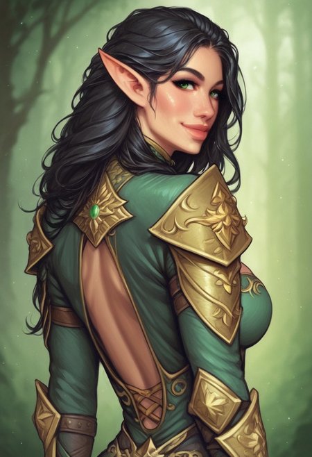 1girl, (((back view))), from front, 1girl, illustration, comic style, highly detailed, skinny, model body, looking at viewer, 1girl, masterpiece, best quality, naestra, solo, pointy ears, black hair, long hair, elf, 1girl,  green eyes, half face mask, <lora:Naestra:1.3>, (((dynamic pose)))
BREAK
(((Warhammer Fantasy Battle style)))
((Elven gold Lamellar armor)), green clothes, ((((elven sword in hand)))), dynamic pose, ready to fight
BREAK
slight smile, looking at viewer
long hair, black hair, big hair, green eyes
best quality, depth of field, bokeh, (((full clothed))), dynamic pose
BREAK 
(wild forest:1.2) score_9, score_8_up, score_7_up, score_6_up, source_cartoon, rating_explicit, Expressiveh, ((((upper body))))), dynamic pose, dynamic pose