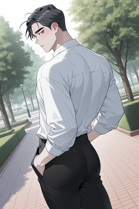 <lora:define relationship-IL-000008:0.8>,formal, karlyle, grey hair, green eyes,hands in pockets,white shirt,black pants,looking back,dutch angle,wind, park, spring,,1boy,solo,yaoi,bara,male focus,masterpiece,best quality,amazing quality,nsfw,uncersored,highres,best quality,amazing quality,best aesthetic,absurdres,
