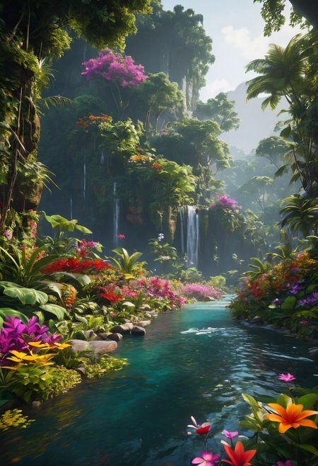 unreal engine 5 render, jungle, river, flowers, extremely detailed, colorful