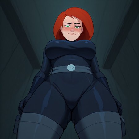 An illustration of a Kim Possible, an adult woman with long  red hair and green eyes. she wears a bodysuit. Her breasts are large, she is shy, she is blushing, creating a sense of nervousness and arousal. the overall style of the illustration is anime-inspired. N44V5STYL3V1, disney cartoon, Kim Possible, (Kim_possible), (kim_possible_(series)), (red hair), 1girl, green eyes, bodysuit, view from below, large breasts, embarrassed, shy, shiny skin, sweat,