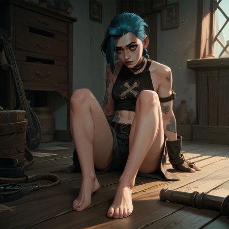 score_9, score_8_up, score_7_up, score_6_up, score_5_up, score_4_up, 1girl, JinxPowder, sitting on the floor, barefoot