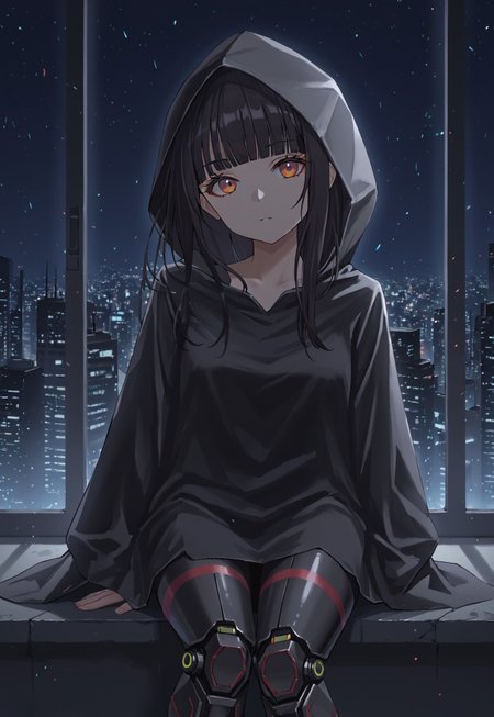 IsomerMob, hood, hood up, cloak, black hair, bangs, hooded cloak, red eyes, mechanical legs, long hair, black cloak, blunt bangs, long sleeves,

looking at viewer, head tilt,

window, cityscape, cyberpunk, city, dark, night, night sky, 

1girl, solo, solo focus, highres, absurdres, light particles, backlighting, shade, lens flare, shiny skin, fine fabric emphasis,