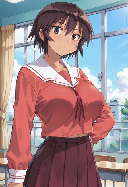 score_9, score_8_up, score_7_up, score_6_up, score_5_up, score_4_up, masterpiece, best quality, BREAK,
1girl, indoors, <lora:Kagura_Pony:1> kagurapony, short hair, brown hair female, tan-skinned female, large breasts, school uniform