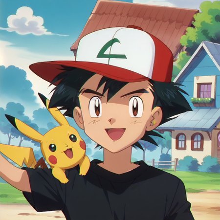 score_9, anime screencap, anime coloring, retro artstyle, official art style, Pokemon anime art style, source_anime, perfect face, perfect anatomy, bust shot, highly detailed, 1boy, five fingers only on human, ashpk, black eyes, black spiky hair, white short sleeves, black shirt, smile, open mouth, waving with one hand, medium blue jacket with gold trim buttons and white short sleeves, a white collar and sleeves over a dark teal T-shirt, blue jeans with light blue cuffs, green fingerless gloves with light green borders, red and white hat with a green stylized "L", looking at viewer, break, one pikachu on shoulder, red cheeks, yellow fur, long ears with black tips, brown eyes, smile, two brown stripes on back, lightning shaped tail, outdoor, Pallet Town, outside, house in background