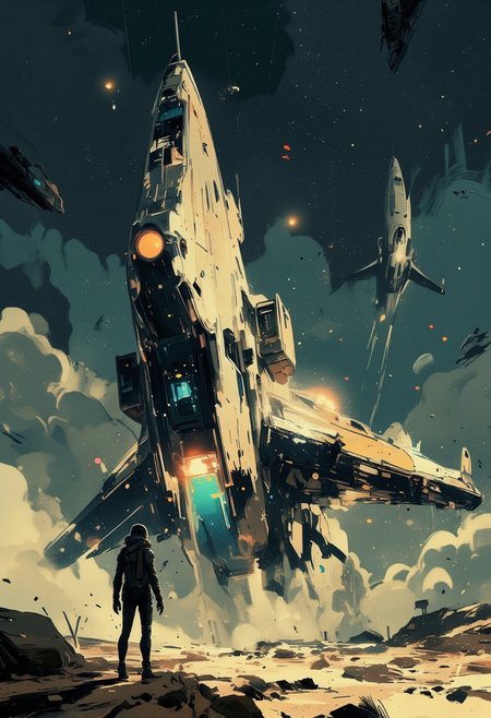 in the style of ck-mgs, nistyle, Special Ink-drawing mode, intricate linework with expressive contrasts, Mh1$AgThS2, Inkplash art on rice paper, sepia, magnificent, inksplash anime art, pscho_4rt, desert-like landscape, sci-fi theme. The central focus is a large, sleek spacecraft with a triangular shape and a smooth, metallic surface, painted in a light beige color. The spacecraft has a large, round cockpit with a bright, glowing orange light emanating from it, suggesting it's active. The cockpit is surrounded by a complex array of sensors, antennas, and control panels. In the foreground, on the left, stands a humanoid figure in a futuristic, armored suit with a helmet, possibly a pilot or a crew member. Two additional spacecraft, similar in design to the central one, are visible in the background, hovering in the sky. The overall atmosphere is one of awe and anticipation, suggesting a moment of arrival or exploration in a distant, alien world. The atmosphere is serene yet awe-inspiring, with a mystical, almost dreamlike quality. The composition is cinematic, with a sense of scale that emphasizes the sheer grandeur of the ship against the timeless landscape. Highly detailed character, precise silhouette, cinematic lighting, ultra-realistic textures, dreamy and immersive composition, masterpiece. (mainly blue colors, dark background, stars, moon)