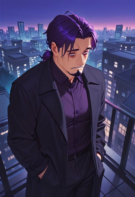 1boy, mbti_intp, mature man, purple eyes, droopy eyes, eye bags, tied hair, goatee, standing on a rooftop overlooking a vibrant city at dusk, wearing a stylish dark coat, hands in pockets, gazing thoughtfully at the cityscape, cool blue and purple hues, subtle streetlights, a sense of quiet confidence, aesthetically striking