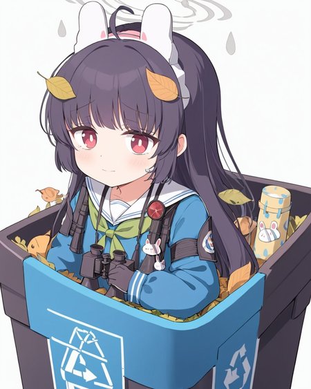 miyu \(blue archive\),1girl, leaf_on_head, solo, green_neckerchief, black_gloves, puffy_long_sleeves, halo, in_container, trash_can, blue_shirt, white_background, white_sailor_collar, serafuku, looking_away, crying_with_eyes_open, ahoge, chibi, upper_body, smile, headgear, binoculars, looking_to_the_side
<lora:miyu_(blue_archive)_image1301_2023-11-18_spv-000025:1>. gorgeous,key visual, vibrant, studio anime,award-winning, professional, highly detailed,high budget, cinemascope