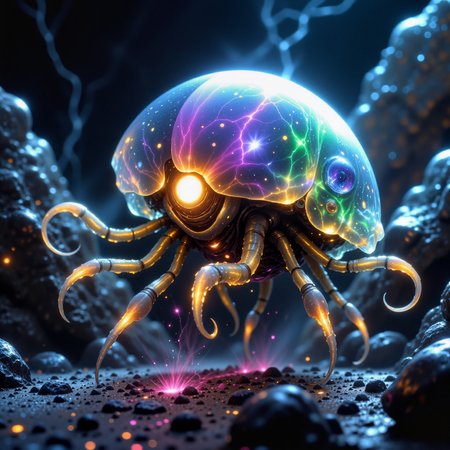 award-winning macro photo, short depth of field, hyper realistic, neon hues, subsurface scattering, the microscopic "wily bogfluffer" is a softly glowing dimension traveling creature, its quadderbonused bioluminscent appendages help it navigate the crystalline wilderness on planet "vaderball quartus", with its translucent guggers it absorbs nutrients from its juxtaflurged prey, dappled sunlight, subsurface scattering, highly detailed, intricate, detailed background, golden ratio, arsmjstyle, dnddarkestfantasy, in the style of ck-ovf, aidmafluxpro1.1, 
<lora:epic_gorgeous_details-balance-flux-by_flyway:0.52> 
<lora:style-dnd_dark_fantasy-flux-by_arsmachina:0.6> 
<lora:style-oneviolentfantasy-ep21-flux-by_chronoknight:0.64> 
<lora:flux_pro1.1_detailer-v0.2-flux-by_aidma:0.52>