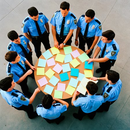 <lora:add-detail-xl:1>
<lora:detailed:0.3>
<lora:perfection style:0.3>
<lora:xl_more_art-full_v1:0.3>
 <lora:Donnie Darko film style:1>
From above, a group of people standing around a circle with post it notes,shirt,hat,male focus,multiple boys,necktie,pants,uniform,blue shirt,walking,paper,police,police uniform , cinematic, film, Donnie Darko film style
