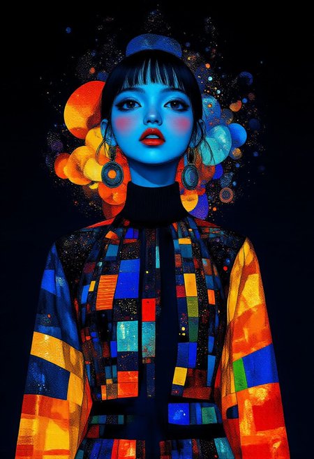 A strikingly minimalist female model, her face adorned with bold geometric makeup in vibrant blues and oranges, inspired by the Art Deco era. Her sleek, futuristic couture outfit blends the elegance of 1920s high fashion with a modern cyberpunk twist. 
break
Dark, elegant background with soft glowing highlights, clean and minimal backdrop with subtle galaxy-like cracks, multi colored smoke swirling gently, abstract geometric forms softly floating around the model, rich deep tones that blend into a seamless, stylish background, minimal yet bold use of color to create depth, cinematic ambiance with a focus on the model, a sense of mystery and allure in the background without overpowering the main subject.  
<lora:Midjourney_Whisper_Minimal:1>, midjourney_whisper_avant_couture, <lora:midjourney_whisper_avant_couture_v01:0.8>, <lora:midjourney_whisper_chromaplex_v1:0.3>, <lora:Midjourney_Whisper_AgateX_v1_epoch_20:0.4>,<lora:Luminous_Shadowscape:0.3>, <lora:RetroAnimeFluxV1:0.4>,