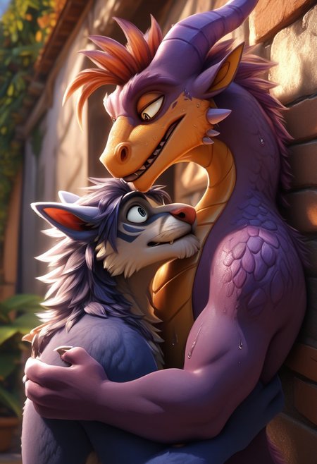 score_9, score_8_up, score_7_up, outdoor, sexy, sweat, dutch angle, looking aside, high quality, hires, detailed background, easynegative, pose, pawpads, (horny), steam, male,
by zazush-una, eye reflections, male duo, kiss, 2boys, hug, upper body, furred dragon, horns, scalie, fur color, rays of light, front view,surprise, closes eyes, excitement, stands behind the other