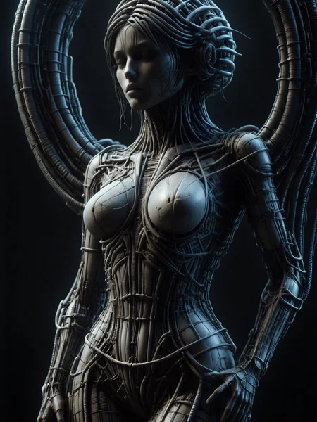 statue of a woman made of mad-rnfcnct , in the style of hr giger  <lora:Derilict_Concret_SDXL:1.0> <lora:Neon_Cyberpunk_SDXL:0.8>  cablelink <lora:great_lighting:0.5> great lighting <lora:aesthetic:1> aesthetic, (masterpiece:1.2), best quality, (hyperdetailed, highest detailed:1.2), high resolution textures