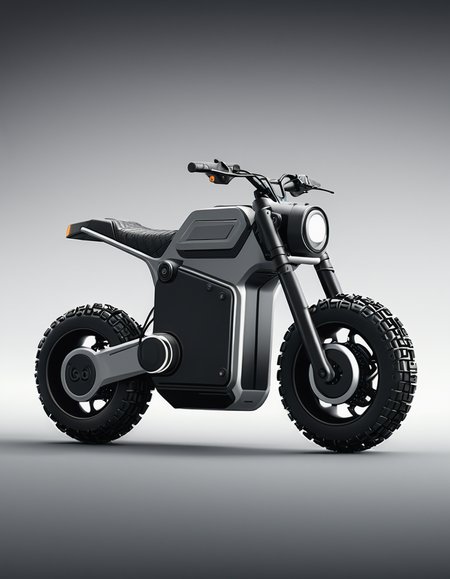 futuristic minimalist electric motorcycle in sleek gray and black color scheme, off-road tire design, compact build with visible battery packs, streamlined aesthetic, industrial background, high-tech components, monochromatic tones, 2020s industrial design, photorealistic 3d rendering in neutral light, inspired by modern automation and eco-friendly transportation designs, best quality,